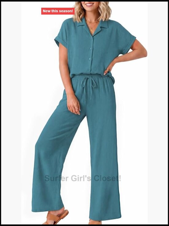 Pants - 2 Piece Set Women Summer Vacation Outfits Button Down Shirt Wide Leg Pant Set